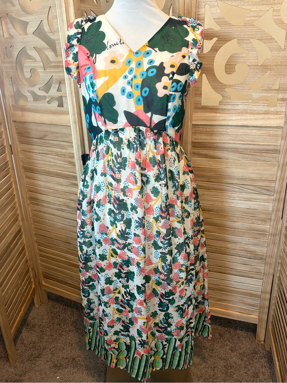 Emily Lovelock Floral Cactus Midi Dress Size Small 4-6